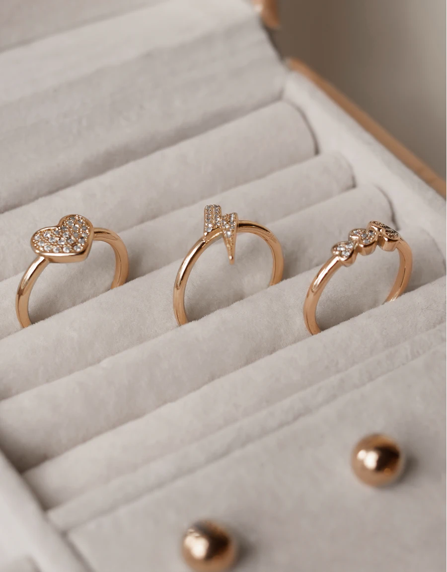 Three gold rings in a white box